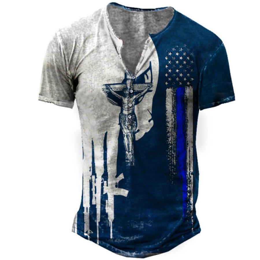 West Virginia Blue Line Men's Vintage Print Tactical Henley T-Shirt