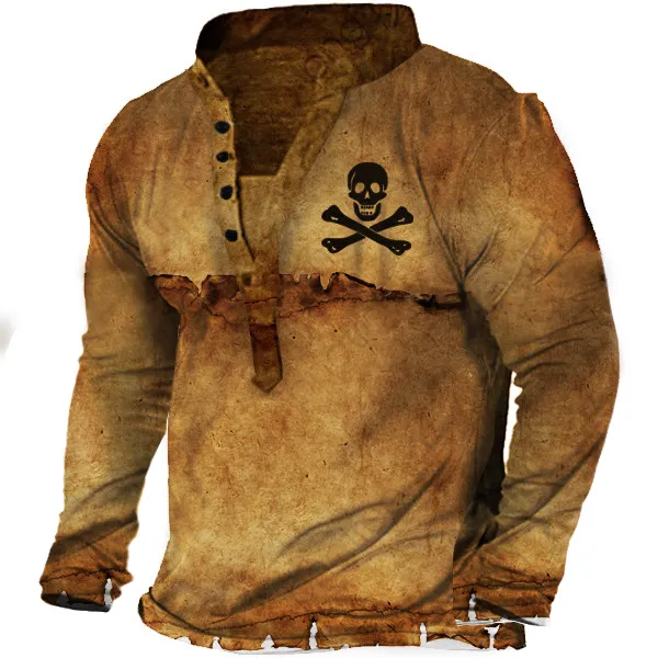 Nautical Skull Vintage Print Men's Henley Long Sleeve T-Shirt - Sanhive.com 