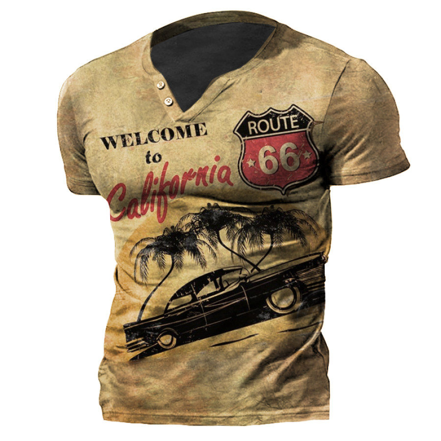 

Vintage Poster USA Route 66 Map Print Men Henley T-Shirt