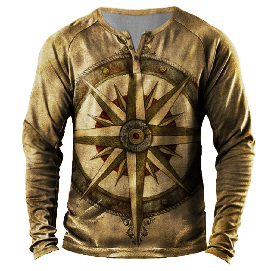

Men's Vintage Compass Print Henley Long Sleeve Top