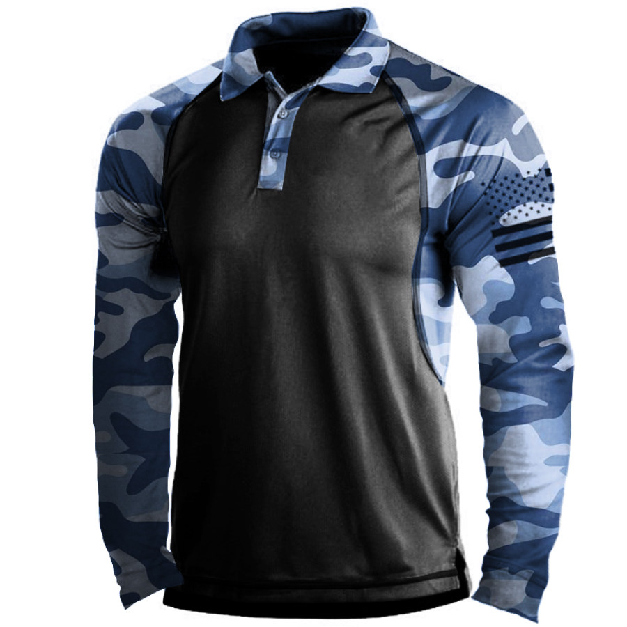 

Abstract Navy Camouflage Print Men Outdoor Polo Long Sleeve Shirt