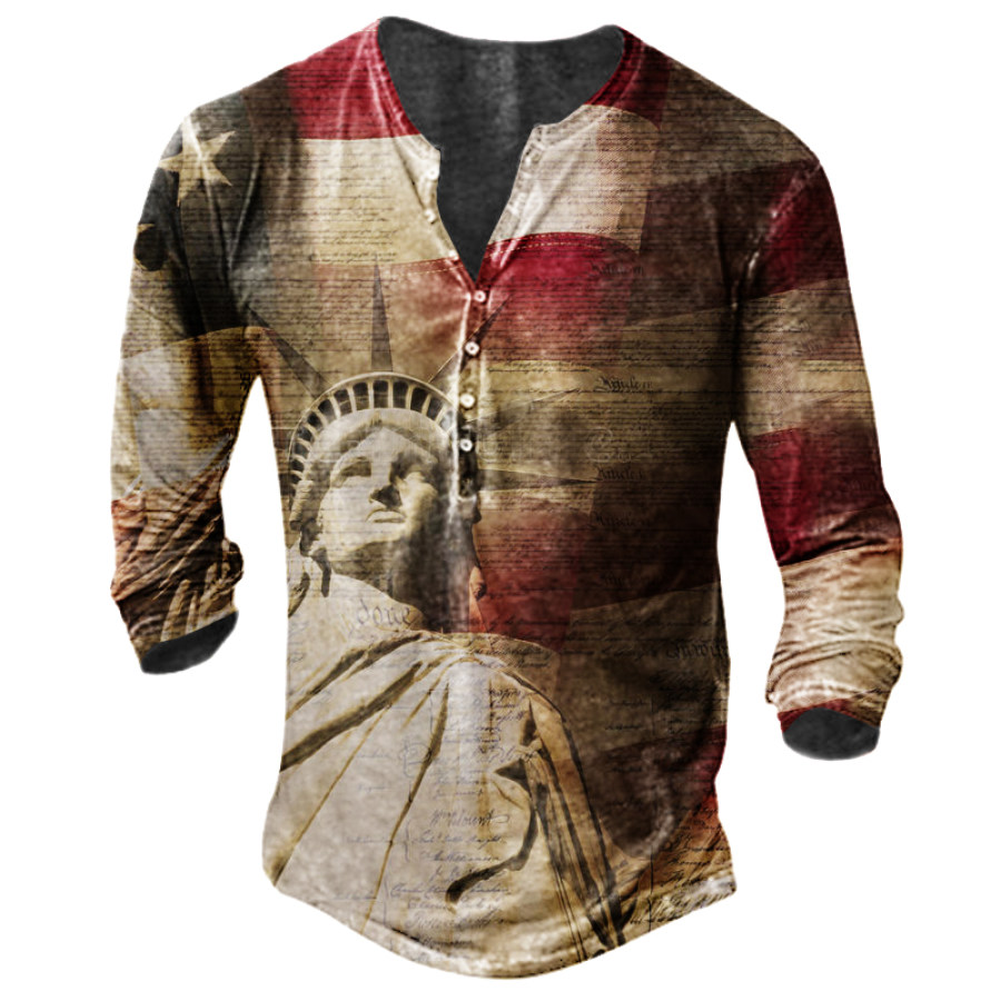 

American Flag Statue Of Liberty Print Men's Henley Long Sleeve T-Shirt