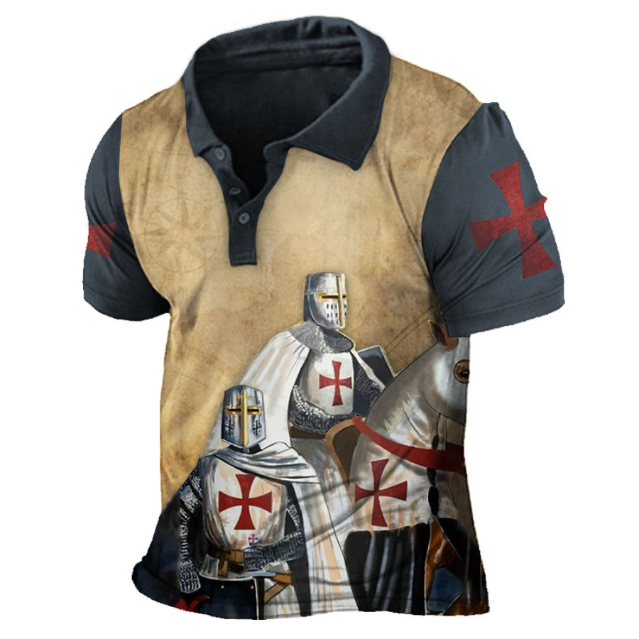 

Men's Vintage Cross Templar Graphic Print Polo T-Shirt