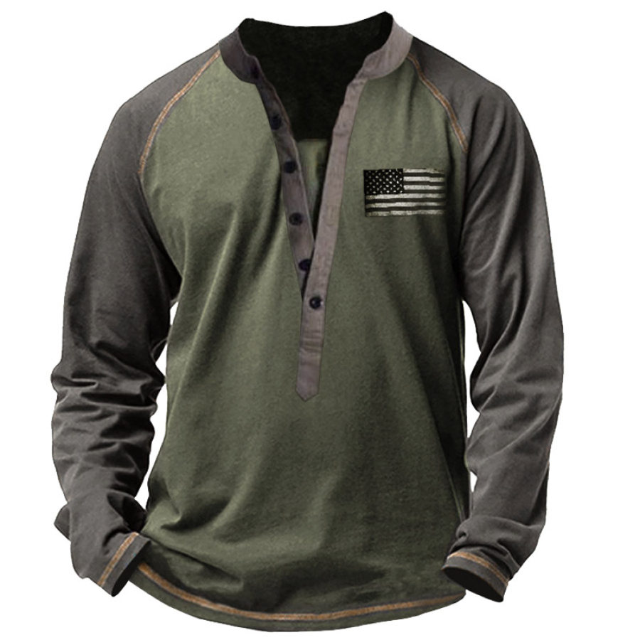 

Men's American Flag Contrast Patchwork Henley Long Sleeve T-Shirt