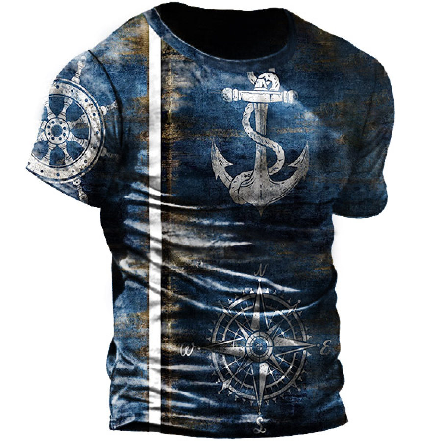 

Men's Vintage Nautical Anchor Compass Rudder Print T-Shirt