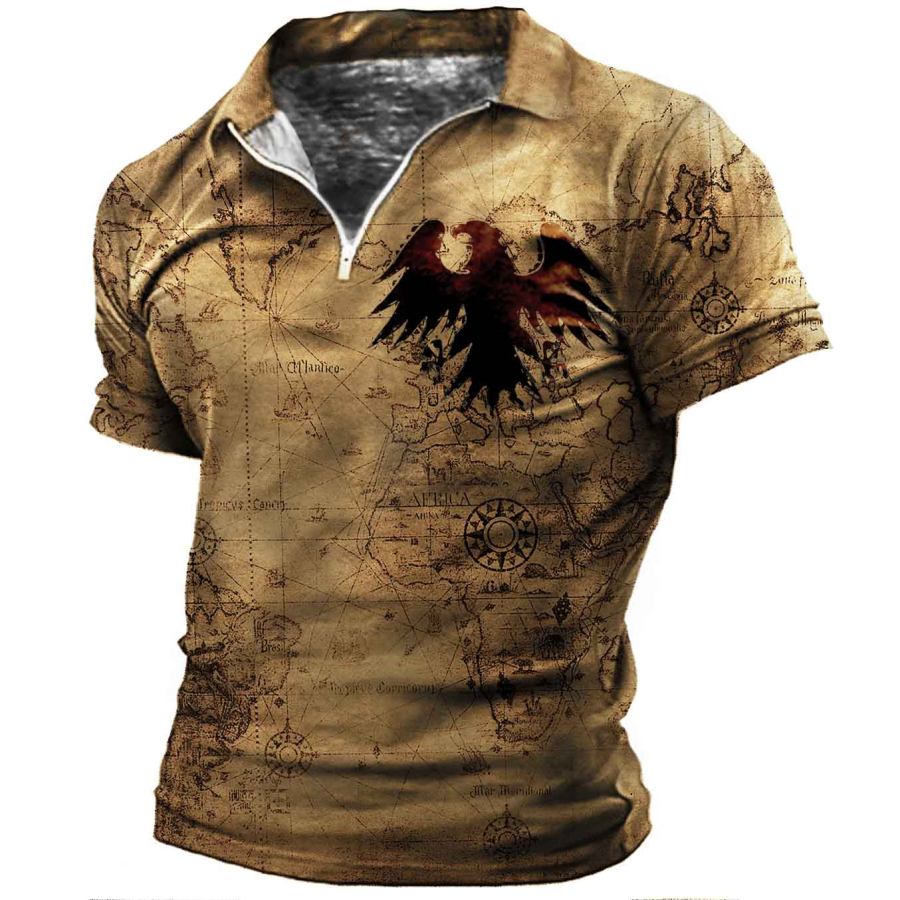 

Men's Vintage World Map Eagle Print Zip Polo T-Shirt