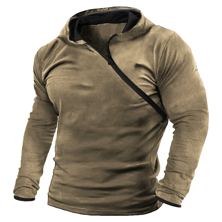 

Men's Outdoor Diagonal Zip Hooded Tactical Sports Thin Sweatshirt