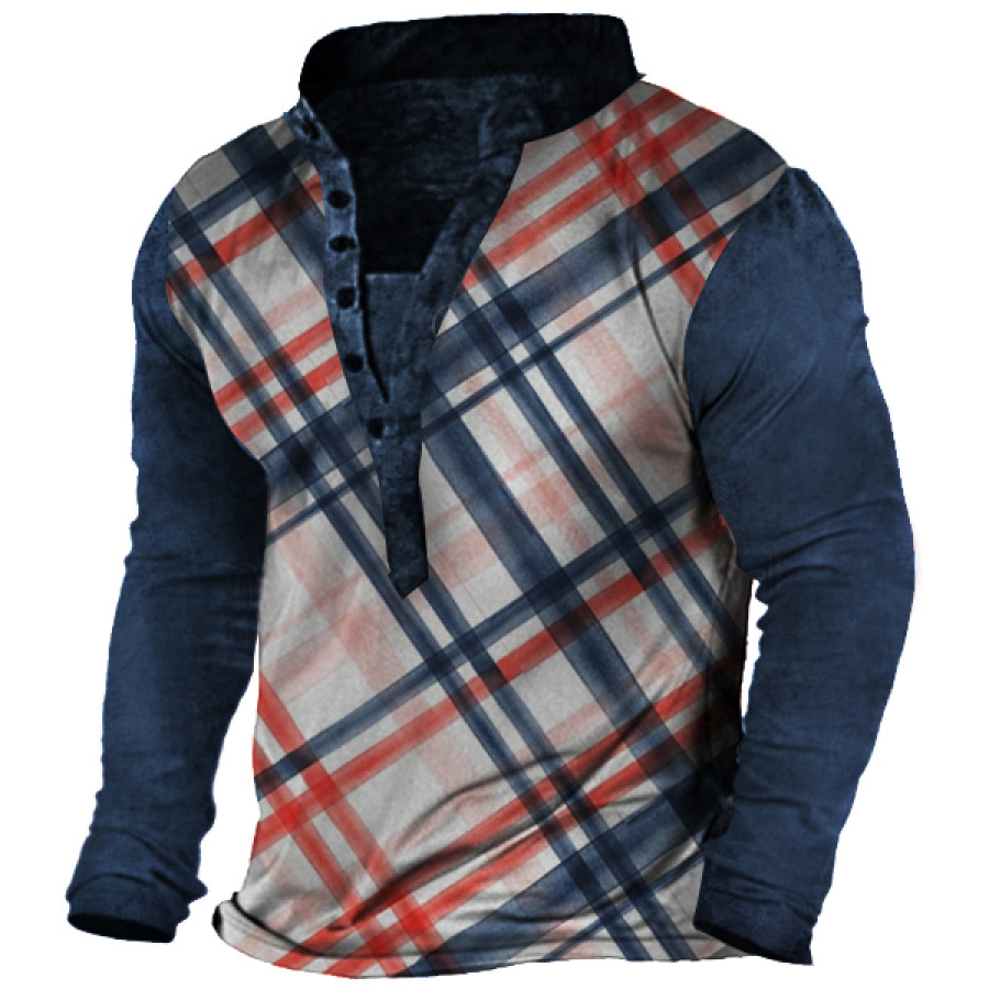 

Vintage Check Print Men's Henley Tactical Long Sleeve T-Shirt