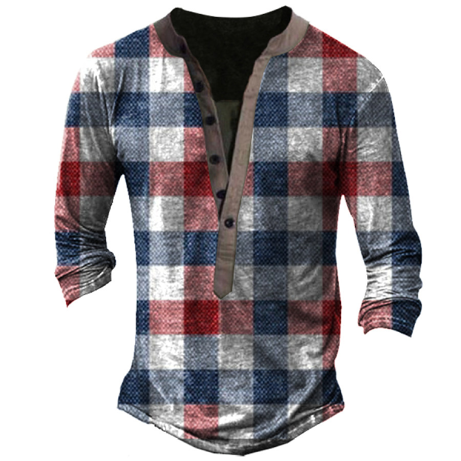 

Vintage Check Print Men's Outdoor Long Sleeve Henley T-Shirt