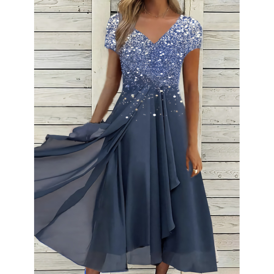 

Lässiges Bronziertes Bedrucktes Chiffon-Taillen-Midikleid Mit V-Ausschnitt Und Kurzen Ärmeln