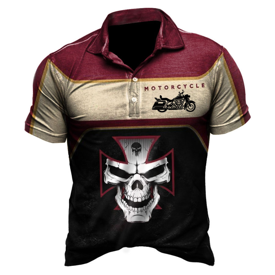 

En's Outdoor Motorcycle Skull Print Polo T-Shirt
