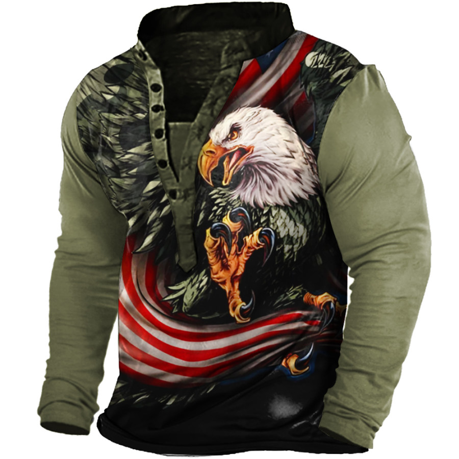 

Men's Vintage American Flag Eagle Print Henley Collar Long Sleeve T-Shirt