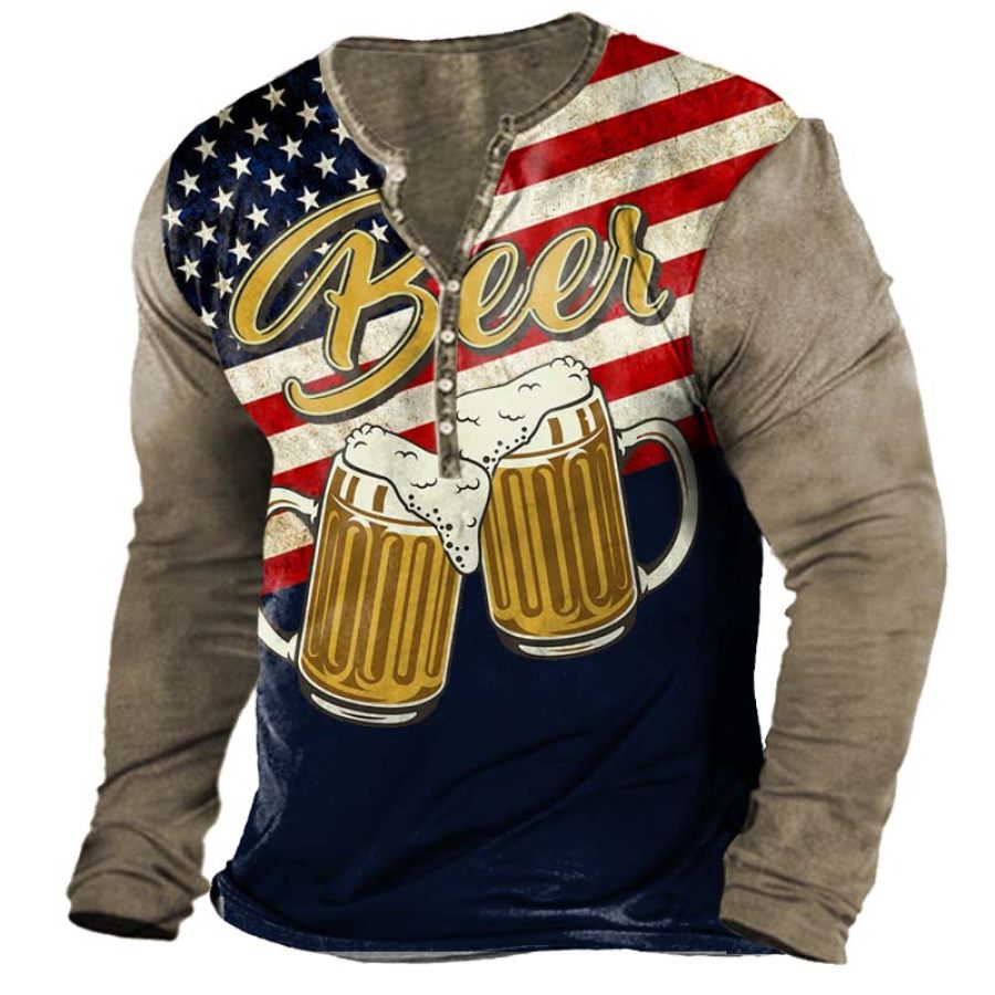 

Men's American Flag Beer Print Long Sleeve Henley T-Shirt