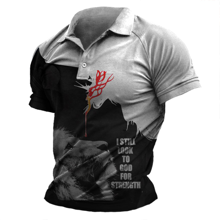 

Men's Outdoor Lion Print Casual Short Sleeve Henley Shirt