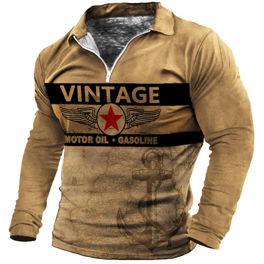 

Men's Vintage Motor Oil Gasoline Zip Polo Long Sleeve Top