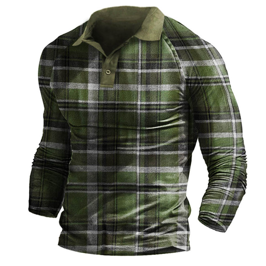 

Men's Vintage Check Print Polo Long Sleeve Top