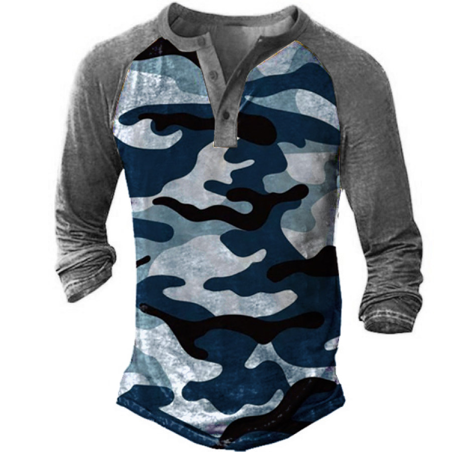 

Men's Outdoor Blue Camo Print Henley Long Sleeve Top