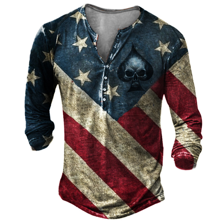 

Spades Skull American Flag Retro Print Men's Henry Long Sleeve T-Shirt