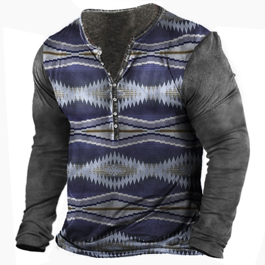 

Western Ethnic Geometric Print Men's Henley Long Sleeve T-Shirt