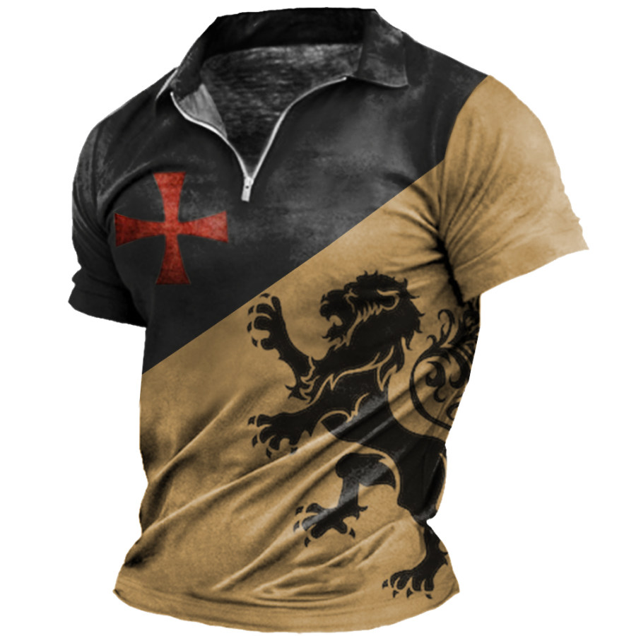 

Men's Vintage Lion Jesus Cross Print Zip Polo Neck T-Shirt