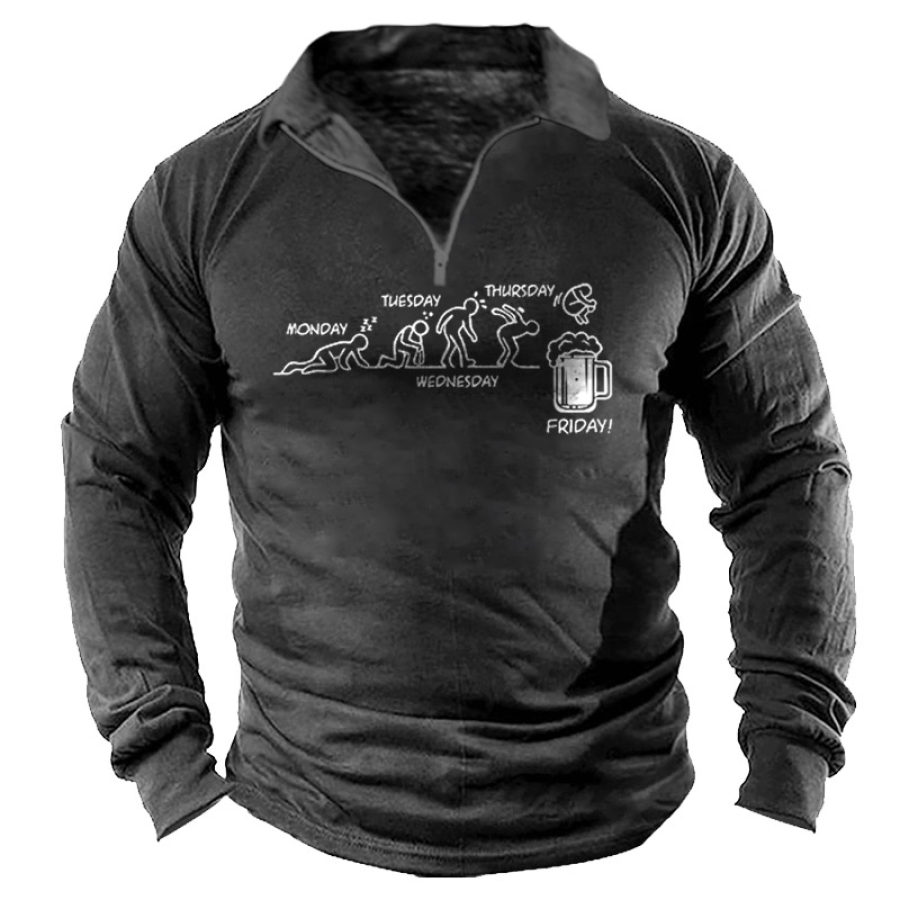 

Men's Fun Beer Print Long Sleeve Polo Shirt
