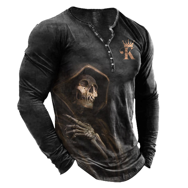 King Men's Crown Skull Chic Reaper Print Long Sleeve Henry T-shirt