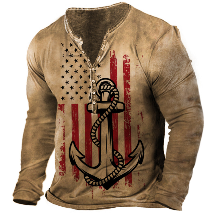 

Men's Vintage American Flag Anchor Henley Long Sleeve T-Shirt