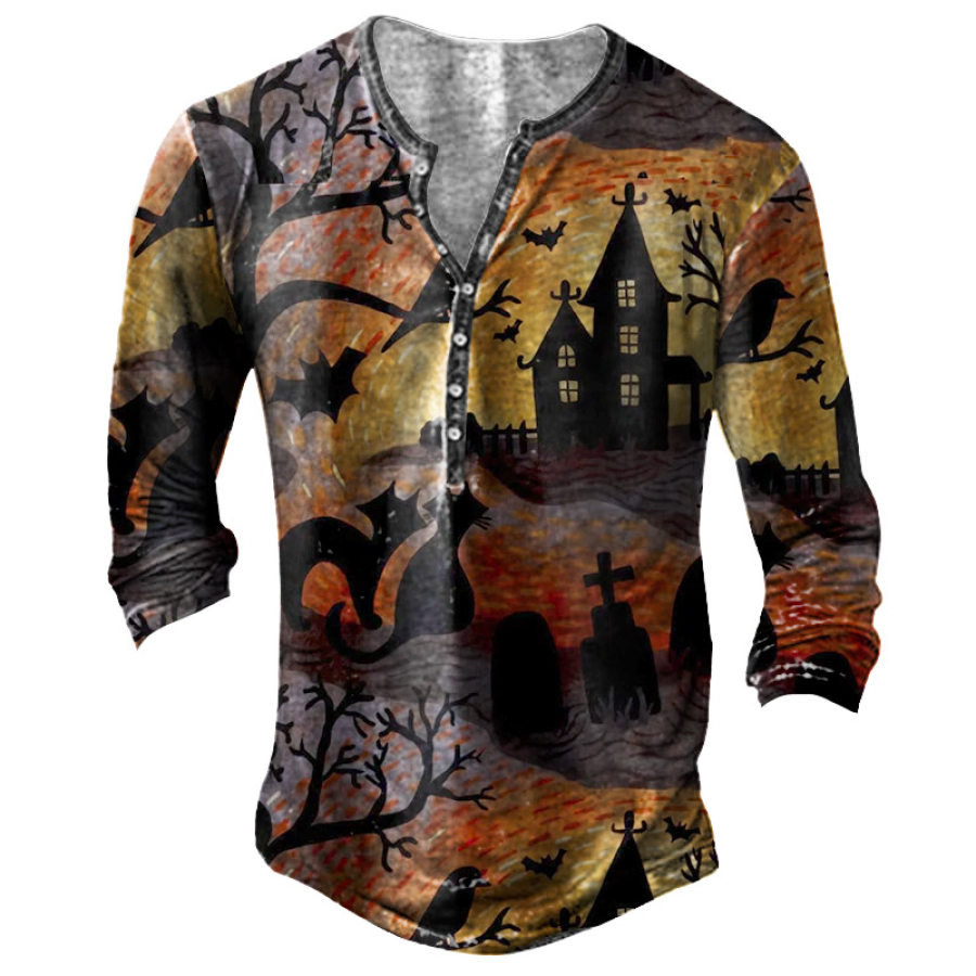 

Men's Halloween Cat Print Henley Long Sleeve T-Shirt