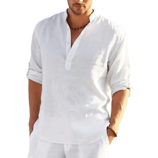 Men's Solid Color Casual Long Sleeve Cotton Linen Shirt - Salolist.com 