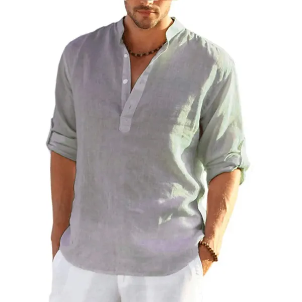 Men's Solid Color Casual Long Sleeve Cotton Linen Shirt - Kalesafe.com 