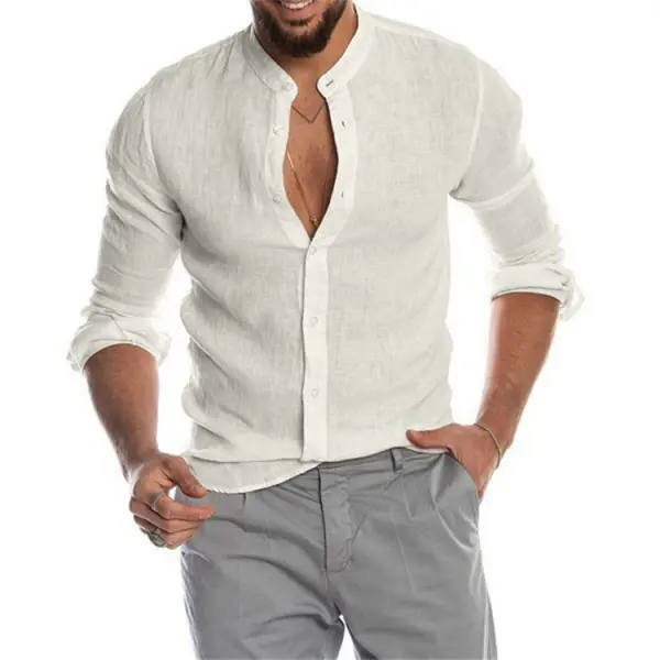 Men's Solid Color Casual Long Sleeve Cotton Linen Shirt - Kalesafe.com 