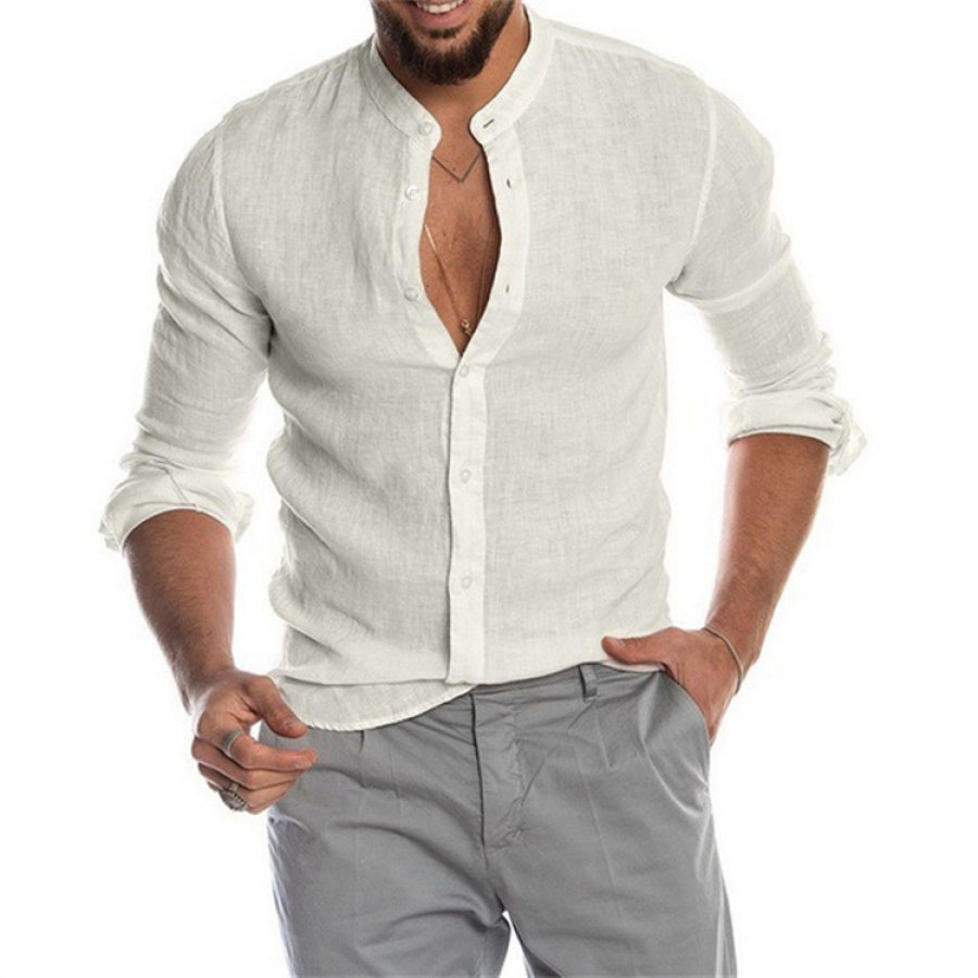 

Chemise Décontractée En Coton Et Lin à Manches Longues De Couleur Unie Pour Hommes