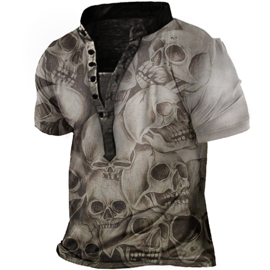 

Skull Vintage Print Men's Henley Short Sleeve T-Shirt