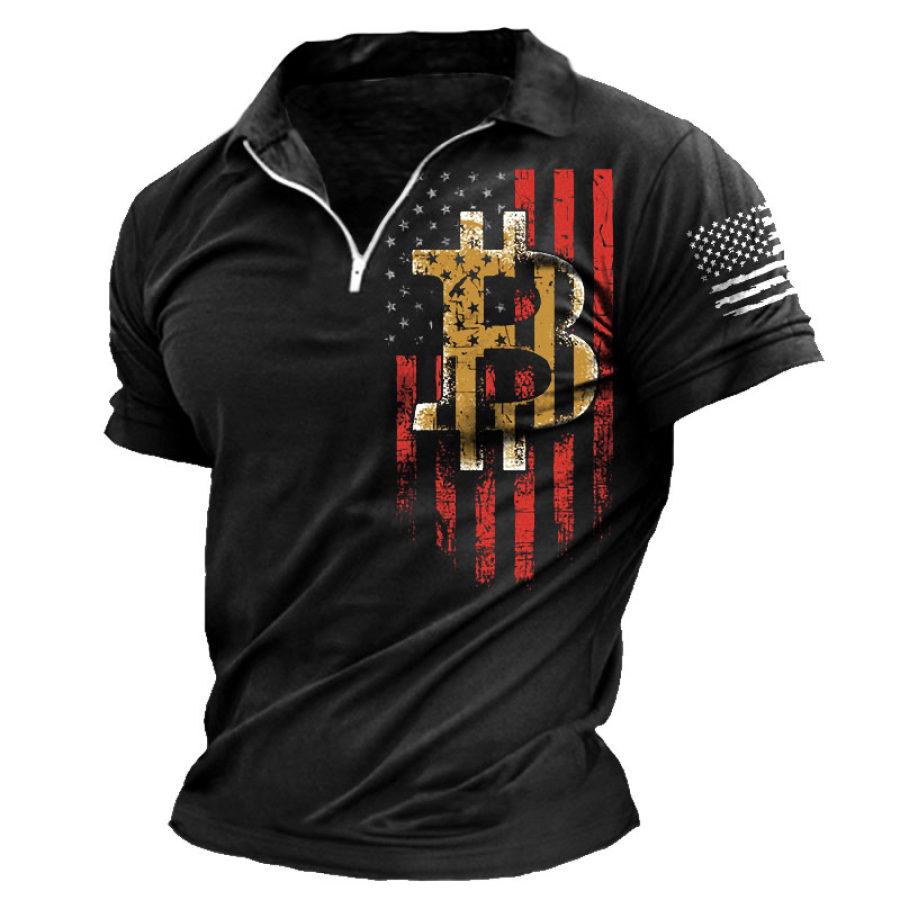 

Men's American Flag Bitcoin Graphic Print Polo Shirt