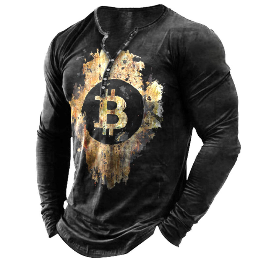 

Men's Vintage Bitcoin Print Long Sleeve Henley T-Shirt