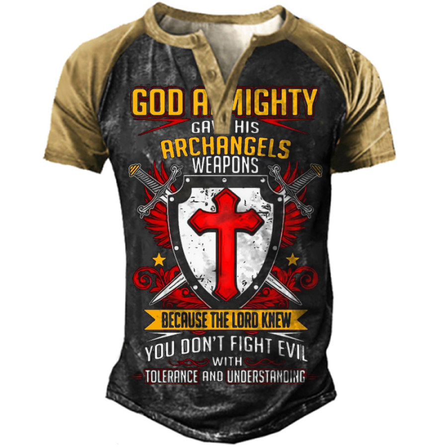 

Men's Templar Arms Graphic Print Henley Collar T-Shirt