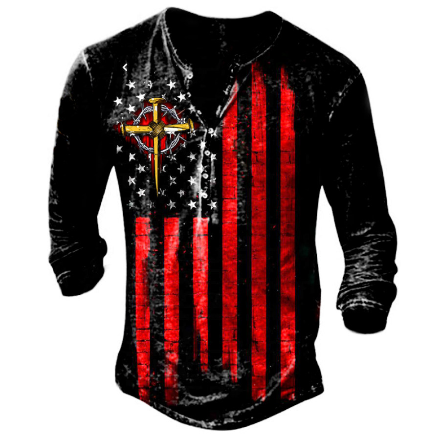 

Men's American Flag Cross Faith Graphic Print Henley Collar T-Shirt