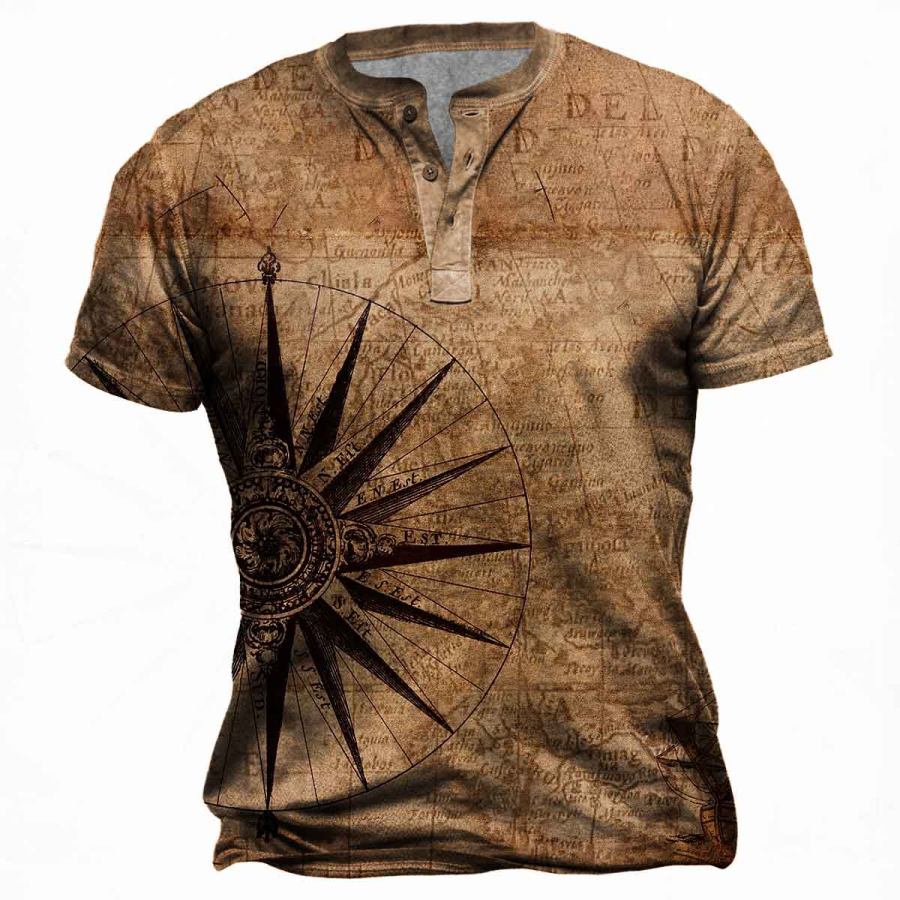 

Men's Vintage Compass Print Henley T-Shirt