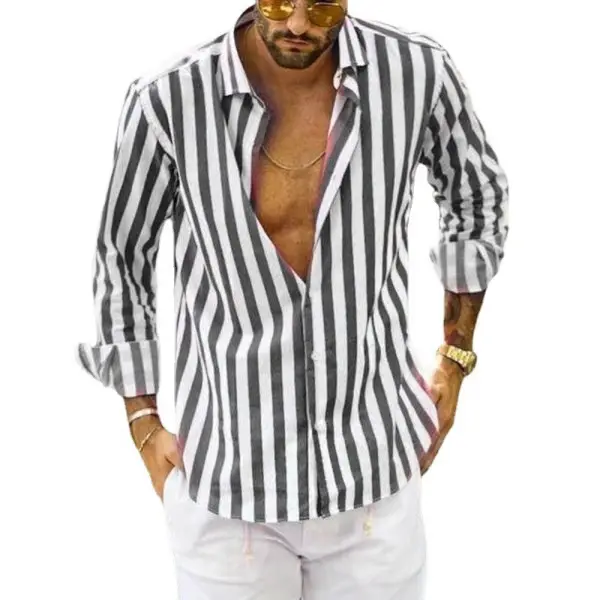 Men's Striped Casual Long Sleeve Shirt - Salolist.com 