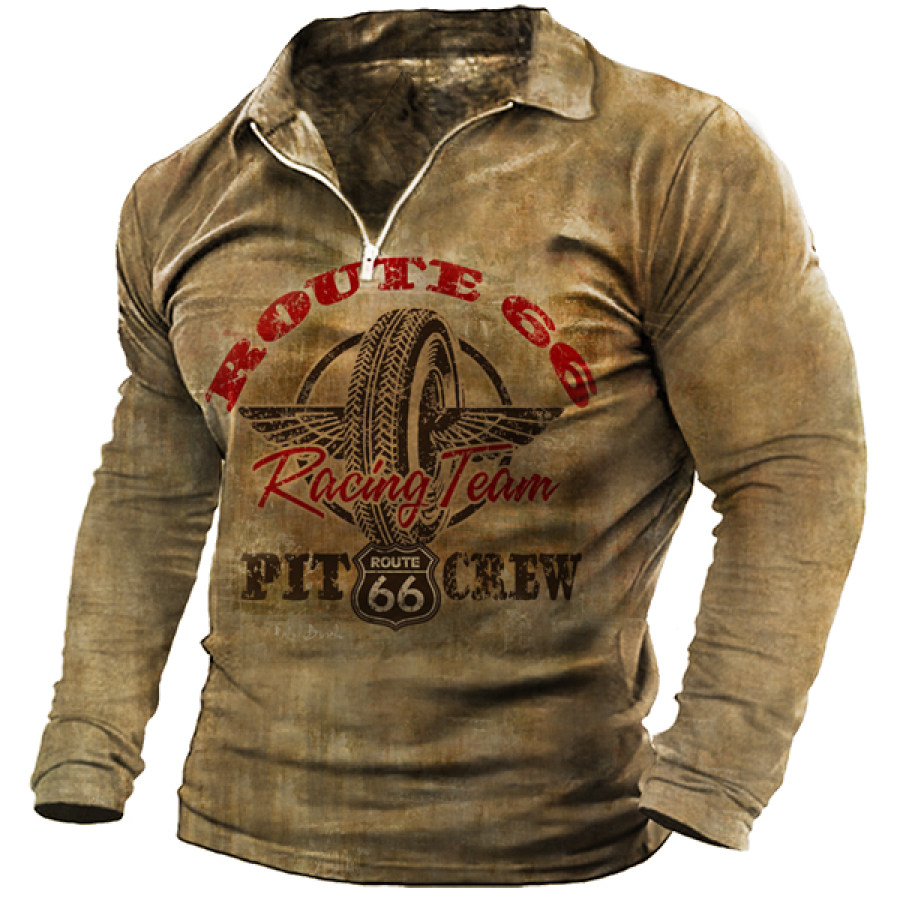 

Route 66 Racing Vintage Metal Sign Men Long Sleeve Polo Shirt
