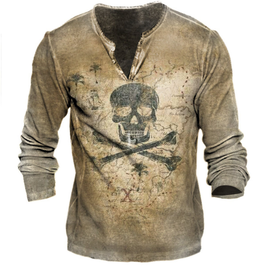 

Pirate Skull Retro Nautical Men's Henley Long Sleeve T-Shirt