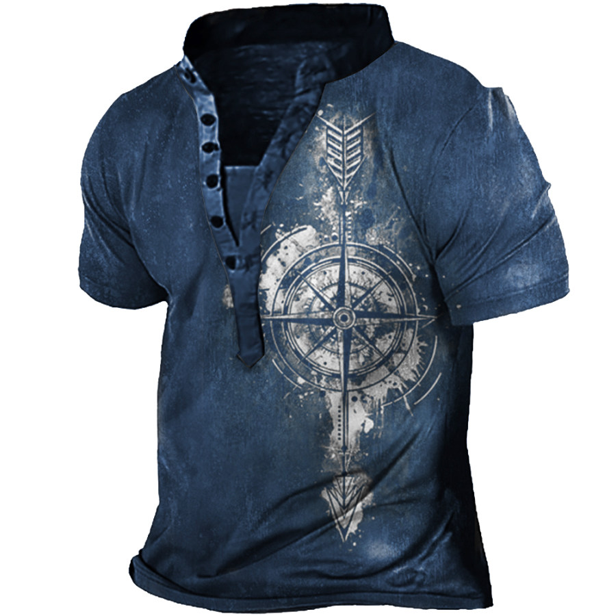 

Men's Vintage Compass Print Henley Collar T-Shirt