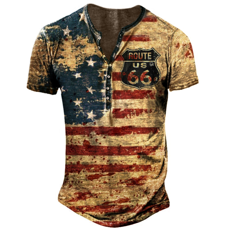 

Mens American Flag Route 66 Road Trip Graphic Print Henley Collar T-Shirt