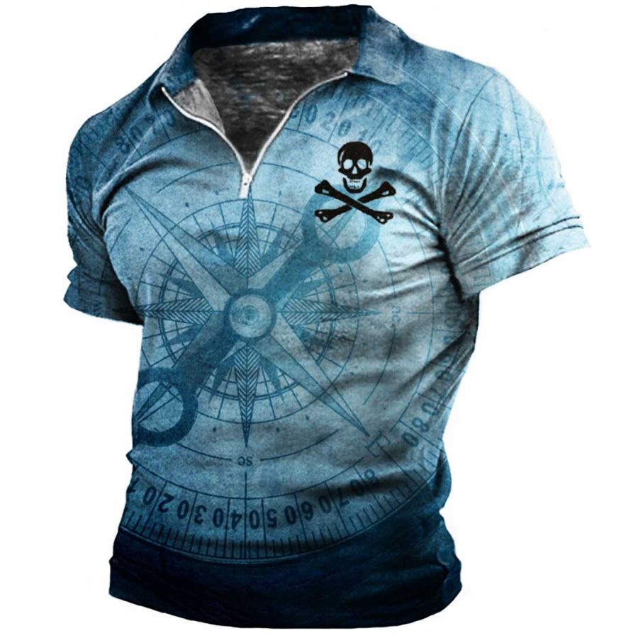 

Men's Outdoor Compass Pirate Skull Print Zip Polo T-Shirt