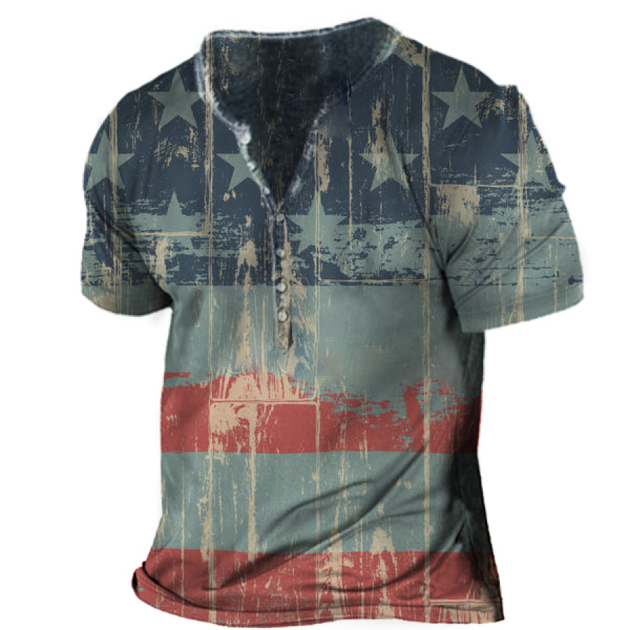 

Vintage American Flag Print Men's Henley Short Sleeve T-Shirt