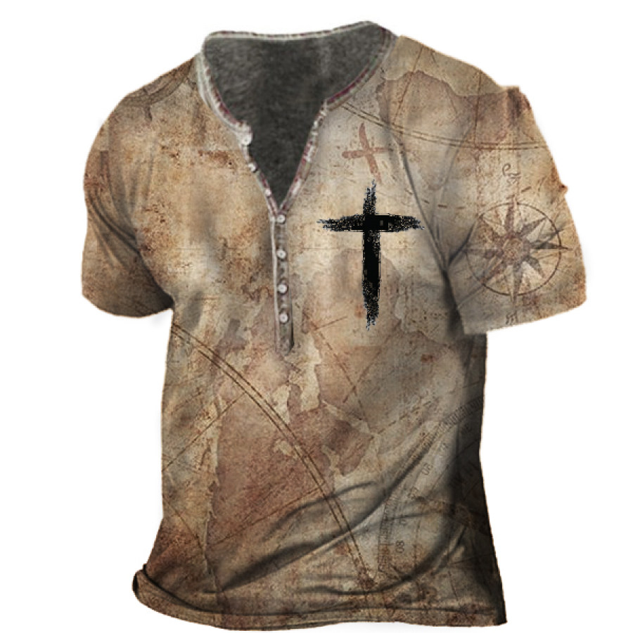 

Vintage Nautical Jesus Cross Print Men's Henry Short Sleeve T-Shirt