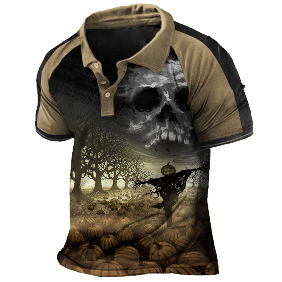 

Men's Halloween Pumpkin Skull Print Polo Shirt