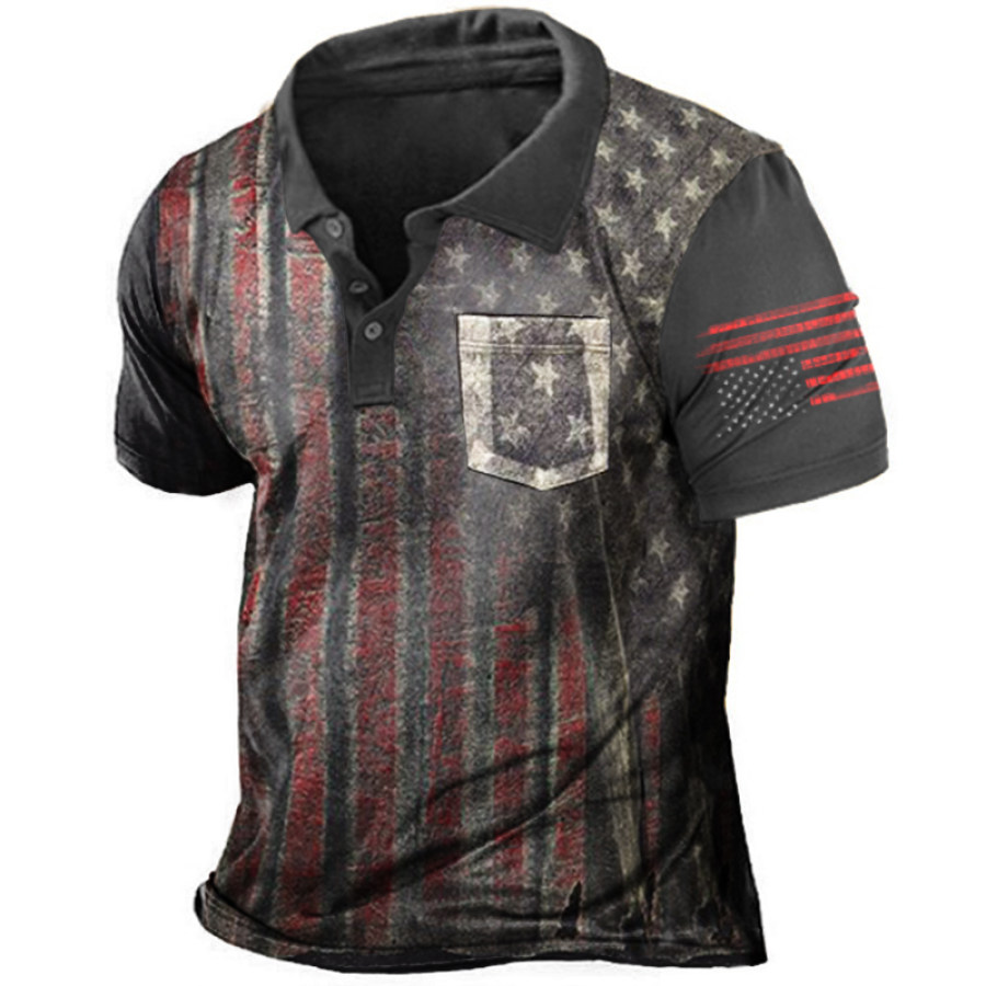 

Men's Pocket Colorblock American Flag Graphic Print Tactical Henley Collar T-Shirt