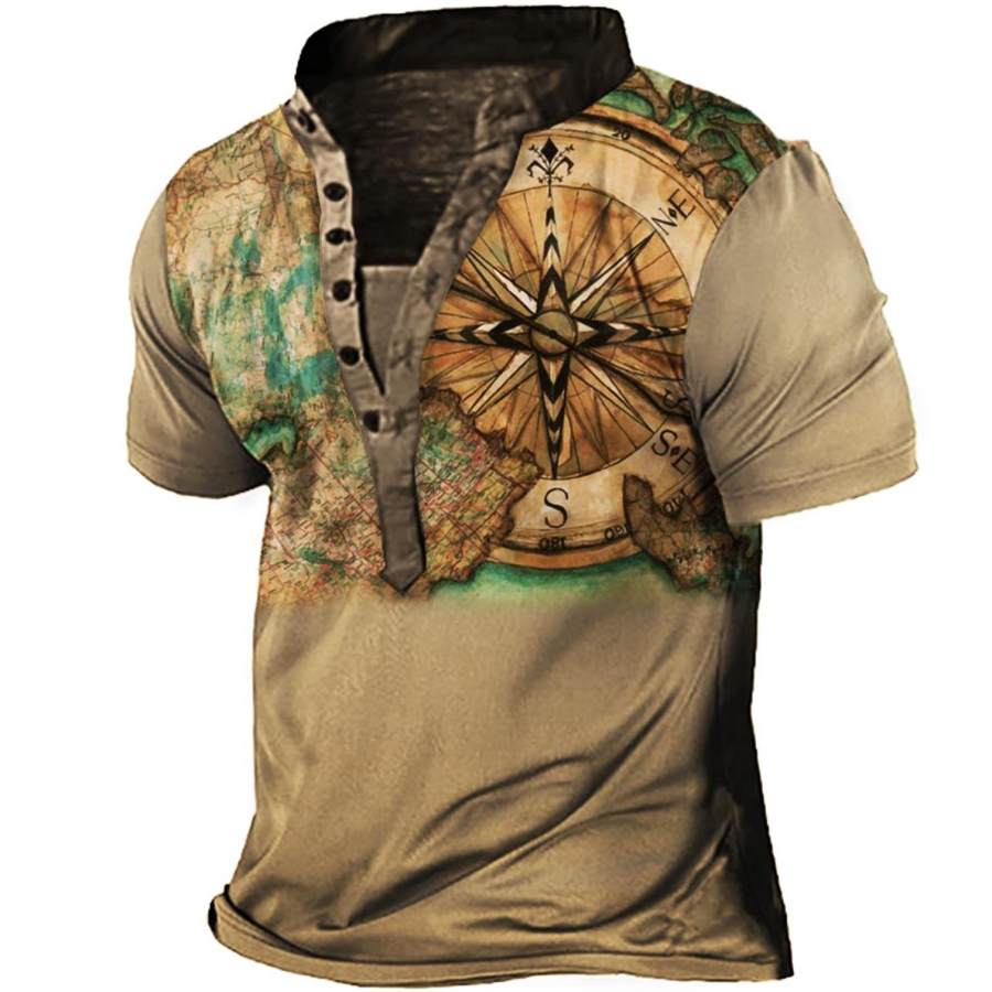 

Men's Vintage Nautical Compass Print Henley T-Shirt