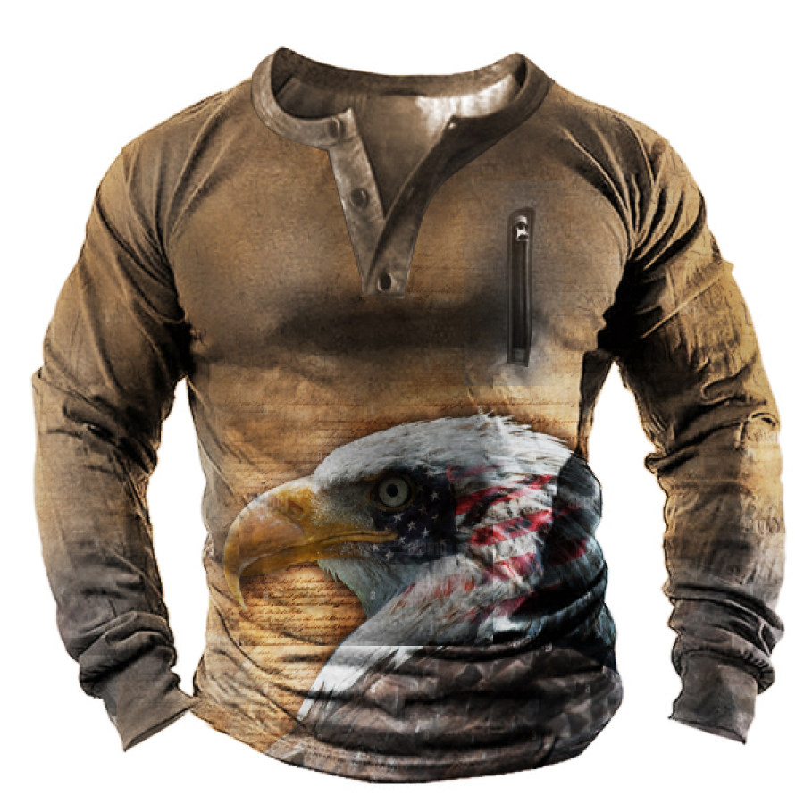 

Vintage American Flag Liberty Eagle Print Men's Henley Long Sleeve T-Shirt